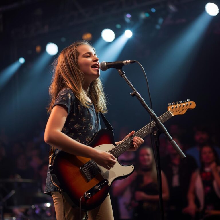 A student taking music lessons in Downers Grove singing and playing guitar in front of a crowd