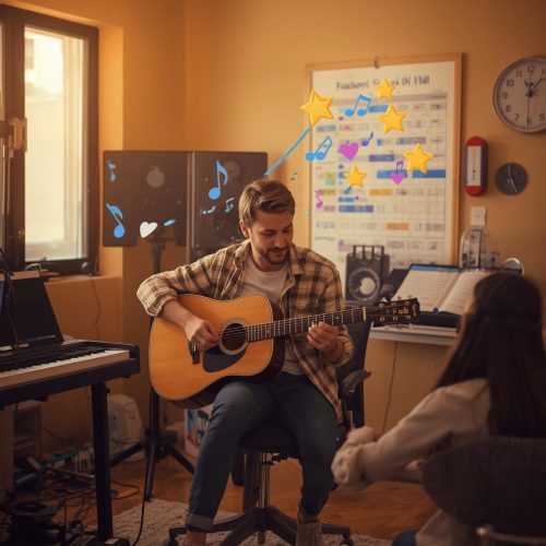 professional guitar teacher with student